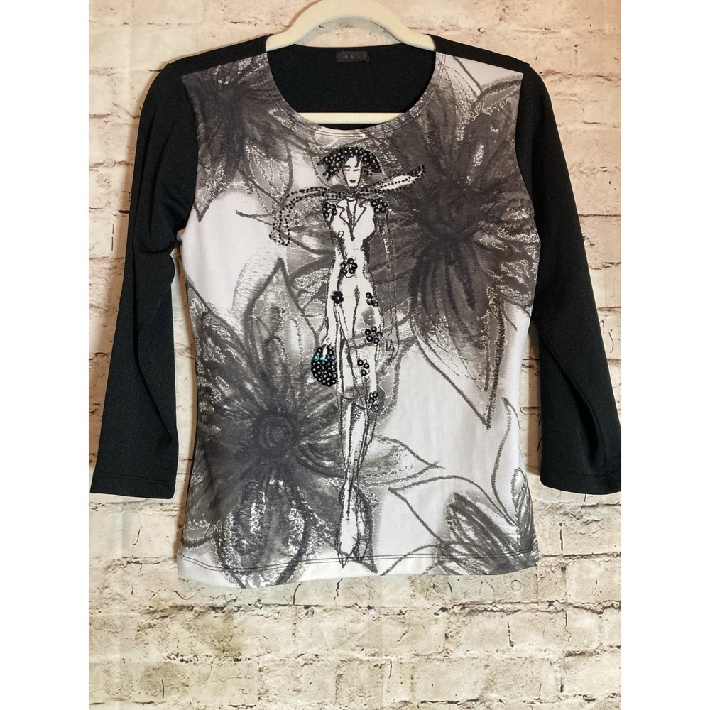Lapis Top Women's Large Y2K Style Black & White Lady With Sequins Henley Florals